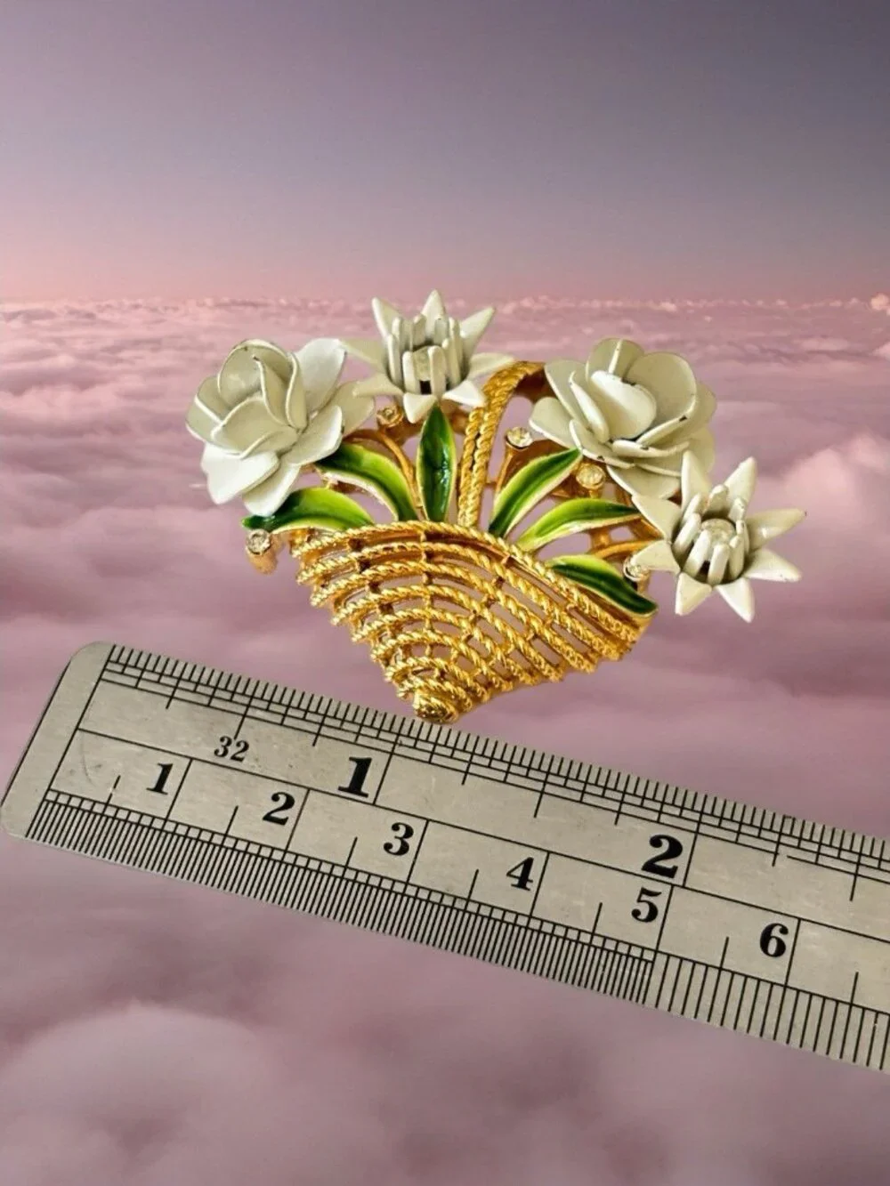 Trifari Gold Tone White Enamel Roses Spring Flower Basket Brooch Pin Vintage